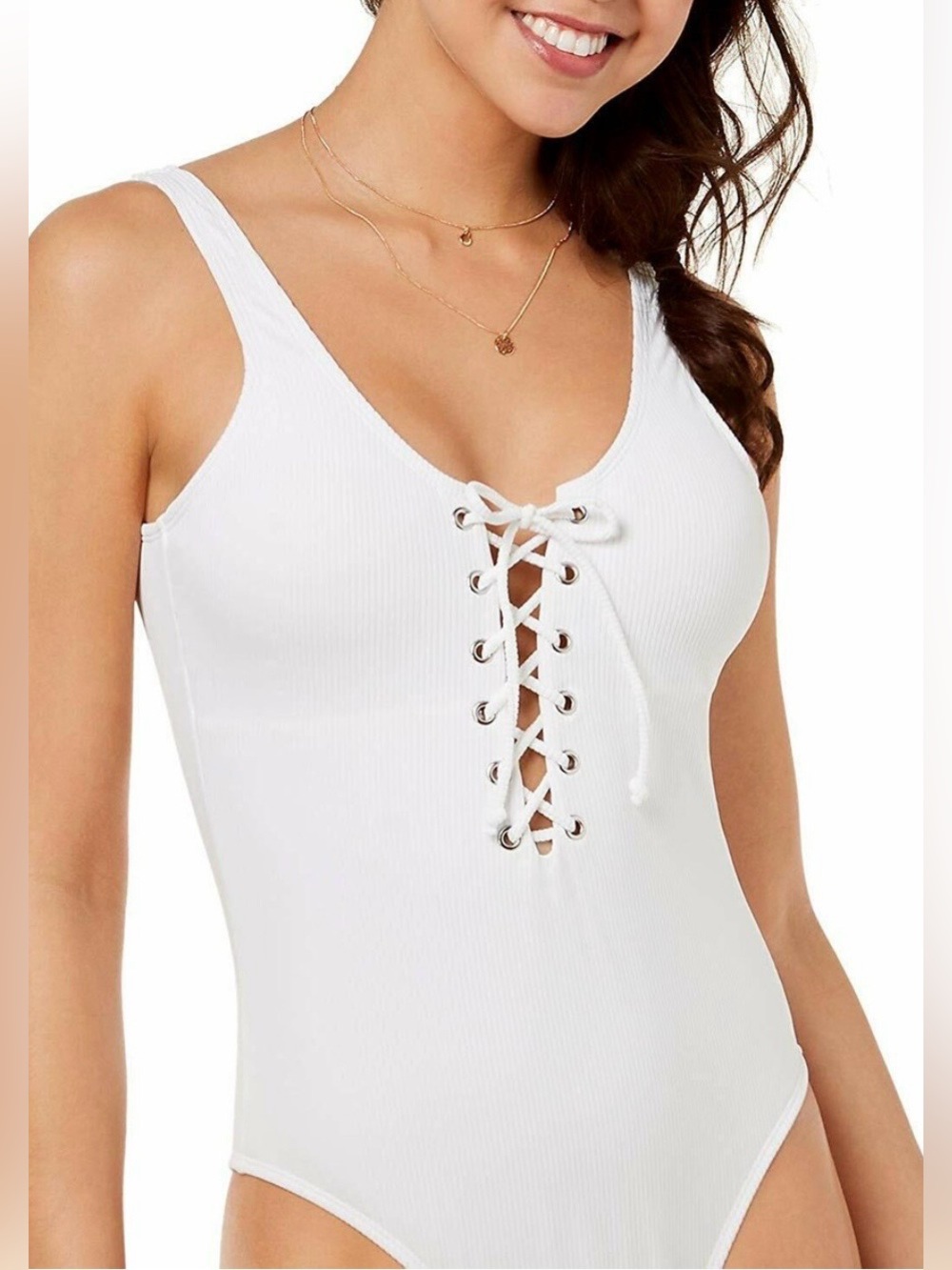 Ambiance White Ribbed Lace-Up Tank Bodysuit